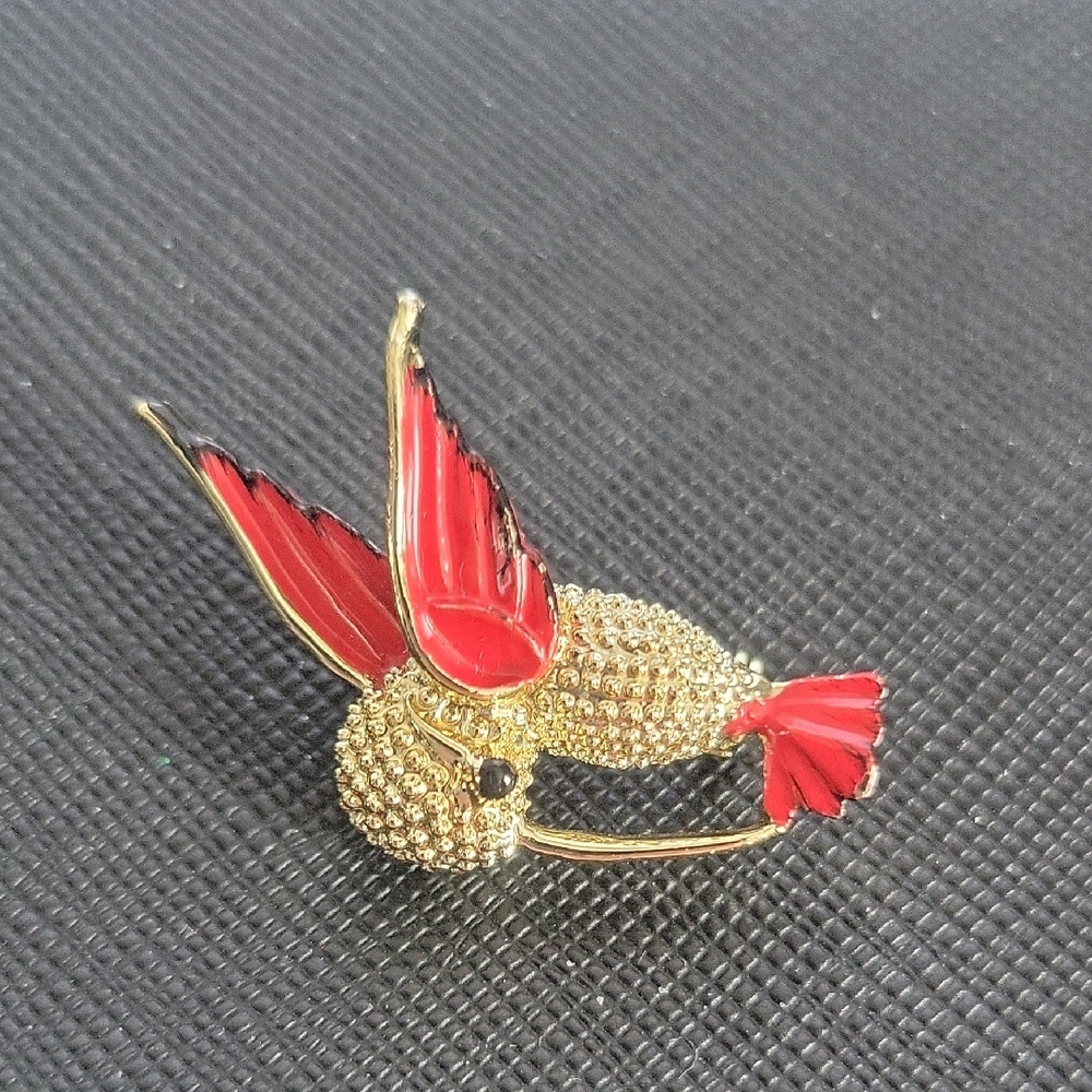 Gold and Red Bird Brooch